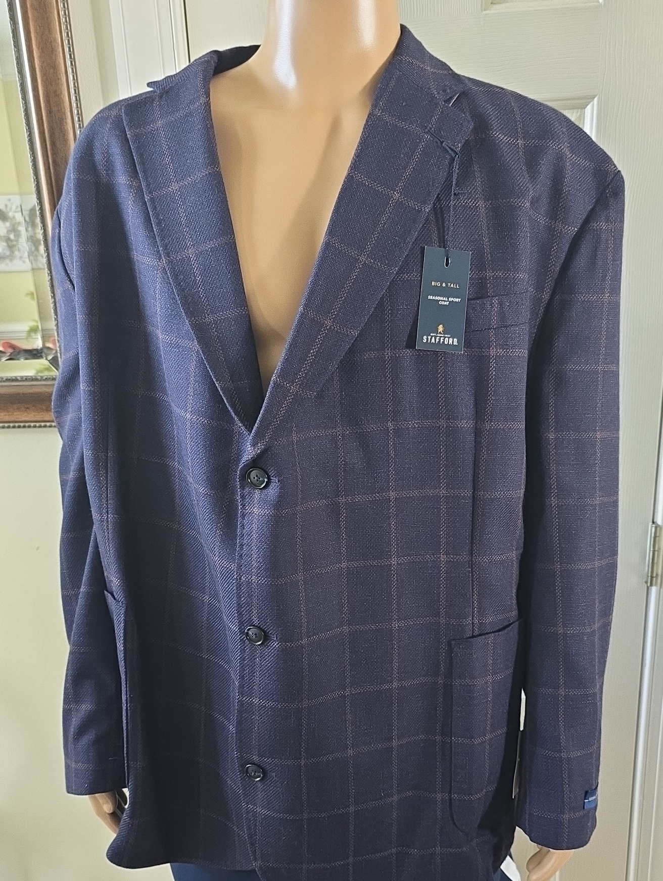 Stafford Brand Men's Big And Tall Blue Plaid Sports Coat Jacket Size 56 Regular